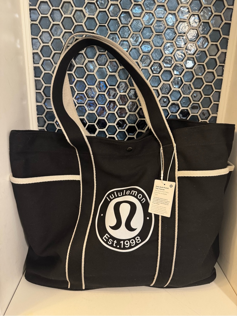 lululemon athletica Black Canvas Tote with White Logo and Trim